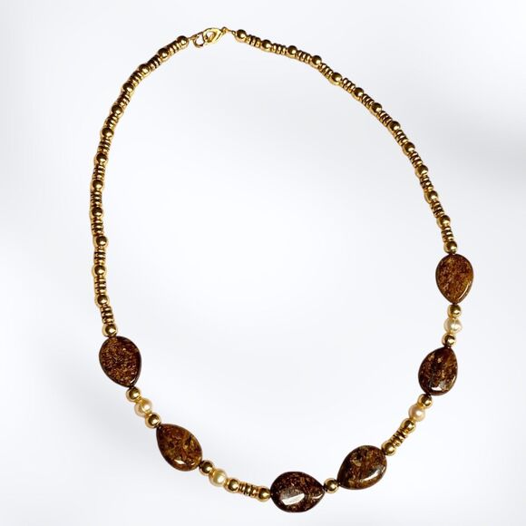 Handmade Brown Polished Gemstone Beaded Necklace Gold Tone Artisan Boho Jewelry - Picture 6 of 7